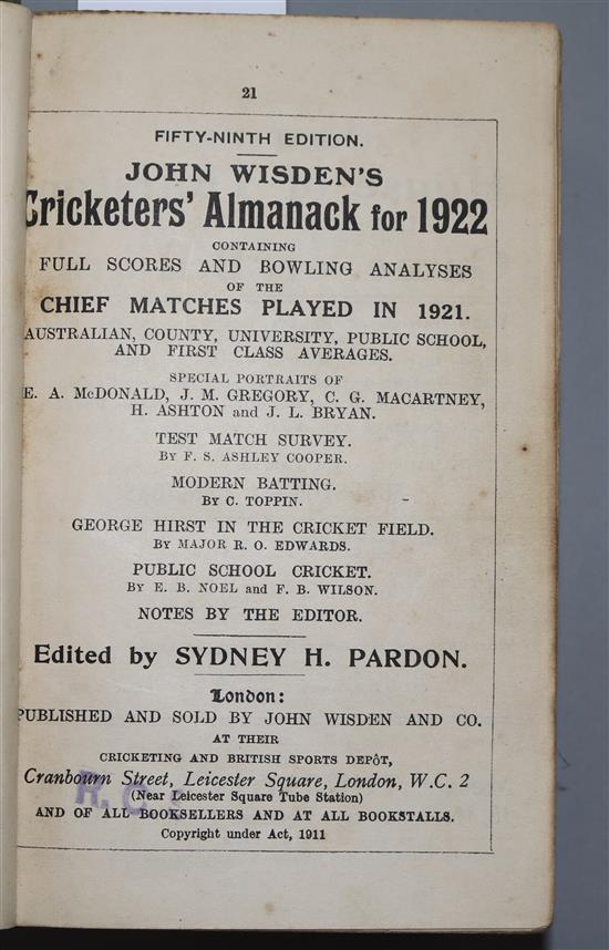 A Wisden Cricketers Almanack for 1922, hardback, rebound